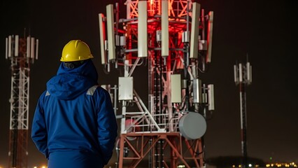 Worker in blue jacket and yellow hard hat standing before illuminated cell tower at night