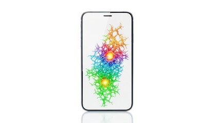 A smartphone displaying an abstract neural network art with vibrant colors on a white background.
