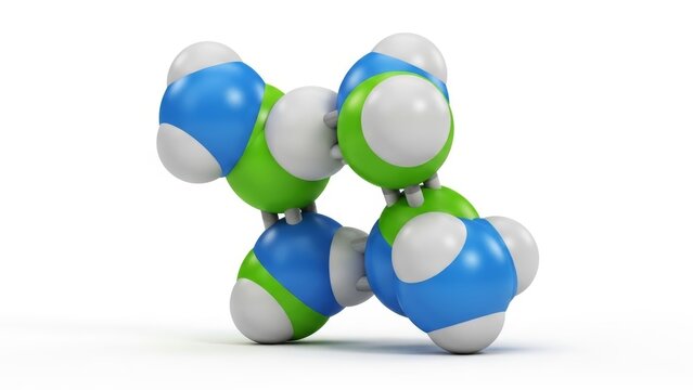 3D illustration of a molecular structure model with blue, green, and gray spheres. - Powered by Adobe