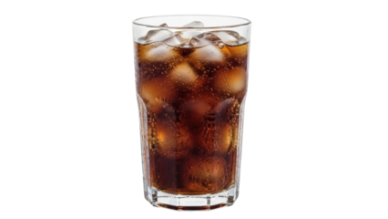 Refreshing cola drink with ice cubes isolated PNG, fizzy beverage in glass on transparent background for summer refreshment
