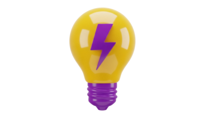 Yellow light bulb with purple lightning bolt isolated PNG, creative idea concept for innovation and problem solving on transparent background