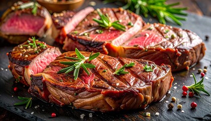 Juicy grilled steak sliced and garnished with rosemary and peppercorns, close-up food photography, rich texture, warm moody lighting, gourmet restaurant presentation