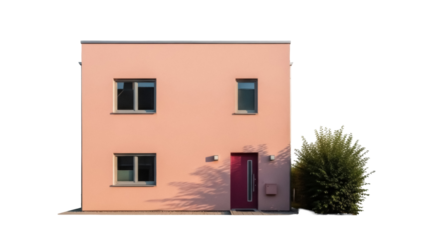 Modern pink house with red door isolated PNG on transparent background, contemporary architecture with windows and green bush, real estate design