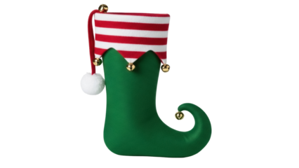 Festive green elf shoe with red and white striped hat isolated PNG, whimsical Christmas stocking for holiday decoration