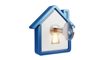Blue house with key isolated PNG on transparent background, home security concept for real estate and property management