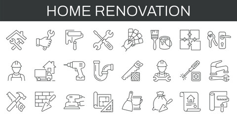 Home renovation icons set for construction, repair, tools, materials, maintenance, and interior improvement. Professional editable stroke icons for renovation projects.