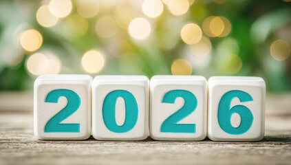White calendar blocks showing 2026 for a new year celebration, glowing bokeh lights illuminating the background