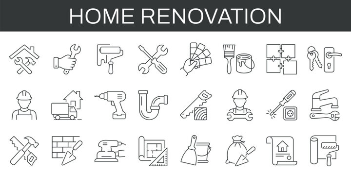 Home renovation icons set for construction, repair, tools, materials, maintenance, and interior improvement. Professional editable stroke icons for renovation projects.