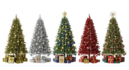 Five Beautiful Decorated Christmas Trees with Gift Boxes Collection Isolated on White Background for Winter Holiday Art