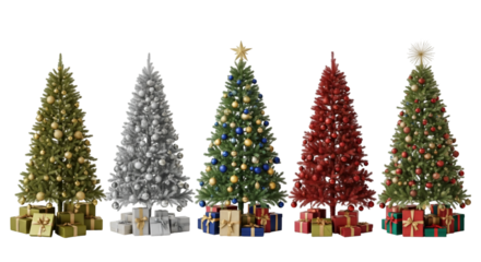 Five Beautiful Decorated Christmas Trees with Gift Boxes Collection Isolated on White Background for Winter Holiday Art