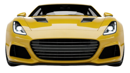 Yellow sports car front view isolated PNG, modern automobile design with sleek lines and aerodynamic features for automotive concepts