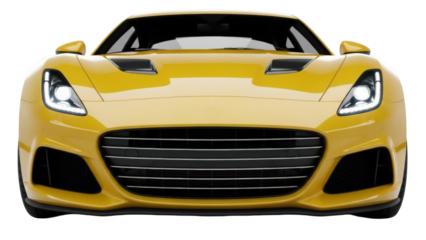 Yellow sports car front view isolated PNG, modern automobile design with sleek lines and aerodynamic features for automotive concepts