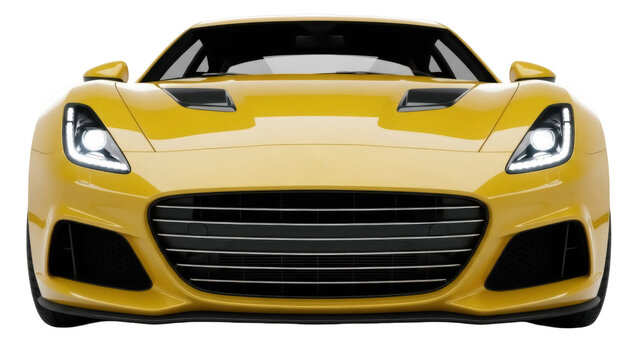Yellow sports car front view isolated PNG, modern automobile design with sleek lines and aerodynamic features for automotive concepts