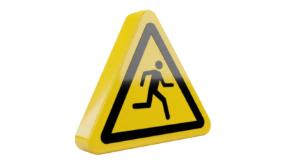 Yellow triangular sign with running man PNG isolated, caution symbol for safety and emergency situations on transparent background