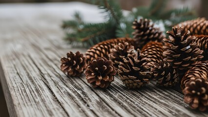 Close up of pine cones on a rustic wooden surface with evergreen sprigs