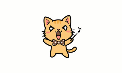 Cartoon Cat Singing with Bow Tie  vector White background