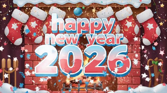 Happy new year 2026 animated vector illustration perfect for social media marketing and youtube video channel background banner cozy festive fireplace decoration