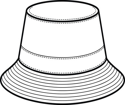 Technical Line Art Sketch of a Classic Bucket Hat Featuring a Multi-Stitched Brim and Topstitching Details for Casual Apparel and Accessories Design.