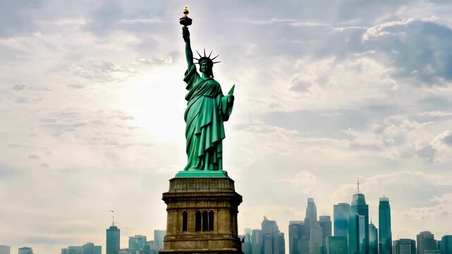 Statue of Liberty and New York City skyline with One World Trade Center in cinematic daylight view.