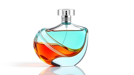 A photorealistic perfume bottle with a unique sculptural design, vibrant liquid color, clean white background, high-end advertising photography