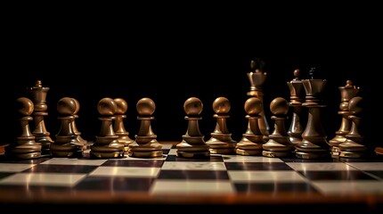 A photorealistic portrayal of a chessboard set up mid-game, dramatic chiaroscuro lighting highlighting the polished wood pieces and checkered board