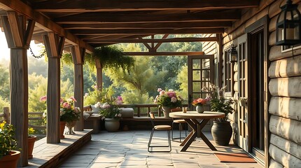 A photorealistic portrayal of a rustic patio, emphasizing weathered wood elements and blooming flowers, illuminated by soft, diffused afternoon light