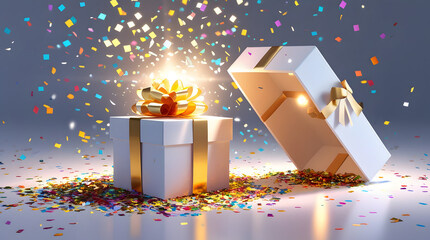 White Gift Box with Golden Ribbon and Open Lid Releasing Bright Light and Colorful Confetti, 3D Surprise Present Concept for Celebration, Birthday, Holiday Promotion, Festive Event Design with Color C