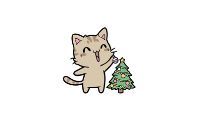 Obraz premium Cartoon Cat Standing Near Christmas Tree vector White background