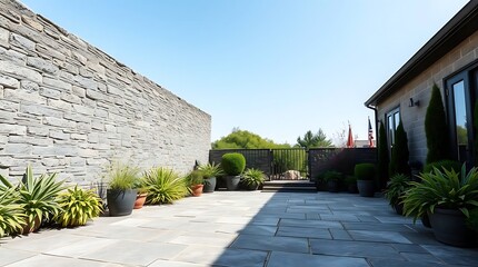 An environmental portrait of a textured gray stone patio, with carefully curated ornamental plants and a flawless clear sky