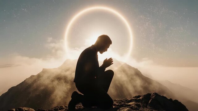 Silhouette of kneeling person in prayer with celestial halo & mountains