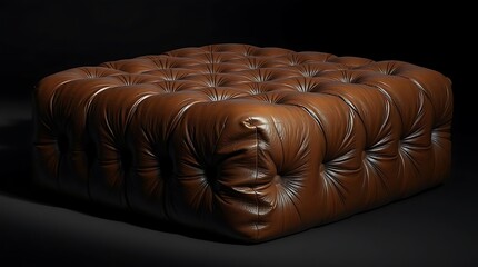 An ultra-detailed photorealistic image of a plush, oversized ottoman covered in rich, textured brown leather, with deep shadows defining its curves and softness