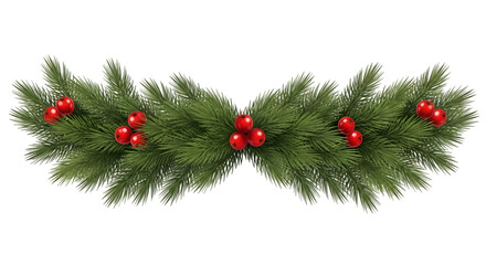 Christmas garland border with lush pine branches and red holly berries isolated on white background for seasonal design