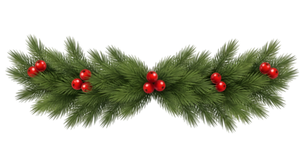 Christmas garland border with lush pine branches and red holly berries isolated on white background for seasonal design