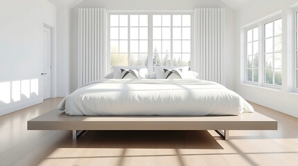 An ultra-realistic architectural visualization of a minimalist platform bed with crisp white linens and geometric accent pillows, positioned within a spacious, sun-drenched bedroom with large windows