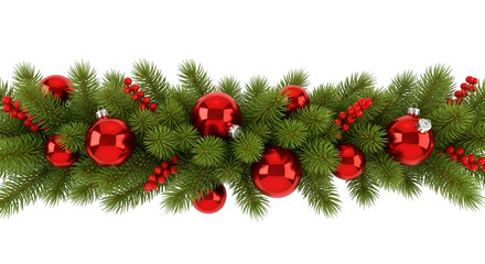 Christmas garland border with pine branches and red baubles isolated on white background for festive holiday decoration