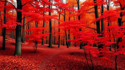 An ultra-realistic autumnal forest, vibrant red and orange leaves, crisp fallen foliage, painterly style, rich reds, oranges, and browns