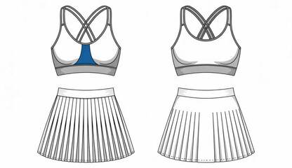 Technical Line Art Sketch of a Women's Tennis Sports Bra and Pleated Skirt Set for Performance Activewear Design and Retail Mockups.