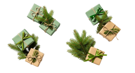 Christmas Gift Boxes Set with Green Fir Branches and Ribbon Isolated on White Background Eco Friendly Holiday Packaging