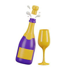 3D Champagne Bottle Popping with Glass Isolated on White Background Festive New Year Celebration Toast Drink Illustration