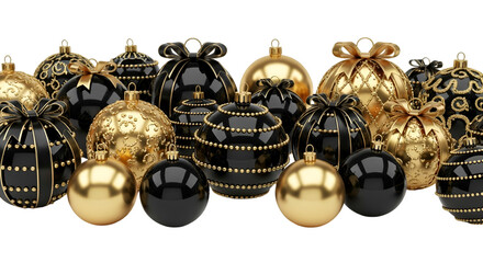 Luxury Black and Golden Christmas Bauble Ornaments Collection with Intricate Patterns Isolated on White Background Frame