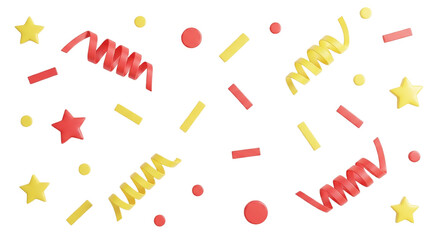 Colorful Party Confetti and Streamers Set with Red and Yellow Stars Isolated on White Background Festive 3D Illustration