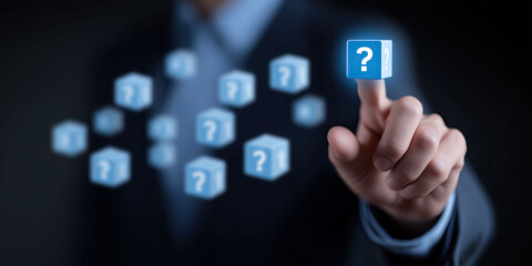 Businessman selects floating question cube representing uncertainty and decision support concepts.