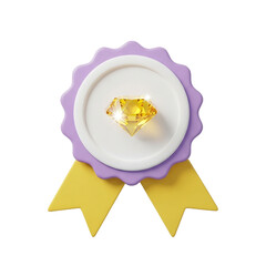 3D Premium Award Ribbon Badge with Yellow Diamond Gemstone Icon Isolated on White Background Quality Excellence Symbol