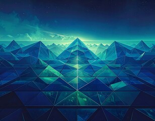 Low-poly landscape with crystalline pyramids under a starlit night sky