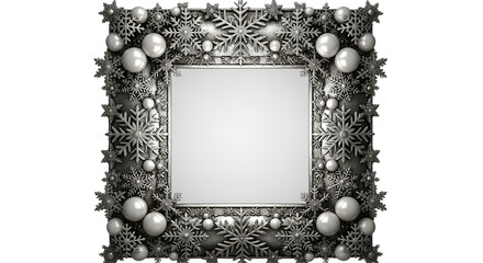 Ornate square silver winter frame featuring intricate metallic snowflakes and glossy white pearls over white background