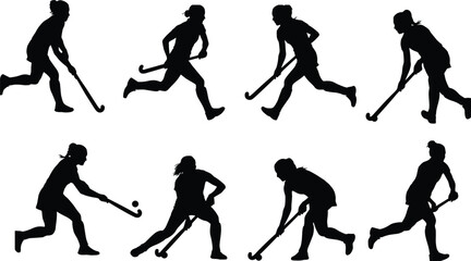 Female field hockey player silhouette poses showing dribbling passing shooting and defensive movements, professional women sports vector illustration set © Moslama