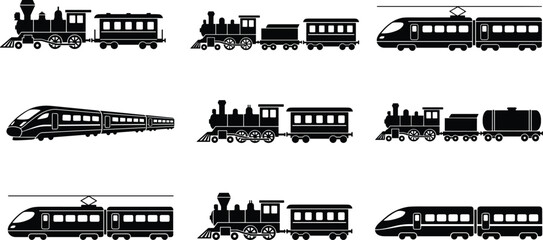 Train silhouette icon set featuring steam locomotives and modern high speed trains illustrating railway transport evolution isolated on white background © Moslama