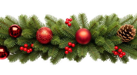 Lush Christmas garland with green spruce branches red baubles and holly berries isolated on a clean white background banner