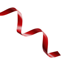 Elegant flowing red silk ribbon with realistic 3D satin texture and glossy finish isolated on a clean white background