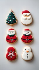 Fototapeta premium Festive Holiday Sugar Cookies: Decorated Santa, Tree & Snowman Christmas Treats